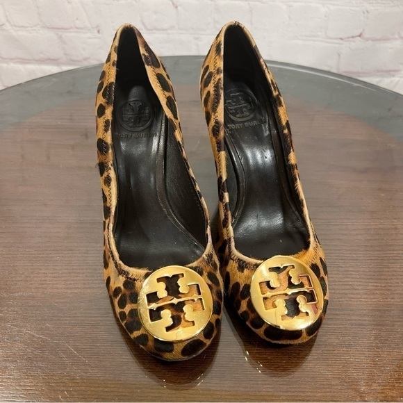 TORY BURCH Pony/Calf hair leopard printed leather round toe wedge pumps 7 GUC - Picture 1 of 16